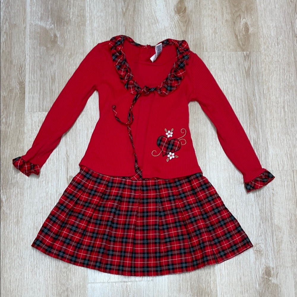 Jenny & Me Red Collared Plaid Skirted Dress Girl’s size 8 Heart Flowers
